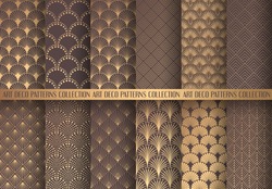 Art Deco Patterns Set. Golden Backgrounds. Fan Scales Ornaments. Geometric Decorative Digital Papers. Vector Line Design. 1920-30s Motifs. Luxury Vintage Illustration