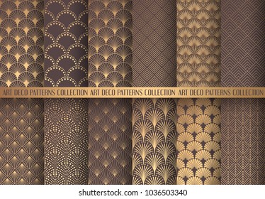 Art Deco Patterns Set. Golden backgrounds. Fan scales ornaments. Geometric decorative digital papers. Vector line design. 1920-30s motifs. Luxury vintage illustration