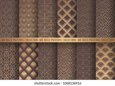 Art Deco Patterns Set. Golden backgrounds. Fan scales ornaments. Geometric decorative digital papers. Vector line design. 1920-30s motifs. Luxury vintage illustration