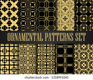 Art Deco Patterns Set. Golden backgrounds. Fan scales ornaments. Geometric decorative digital papers. Vector line design. 1920-30s motifs. Luxury vintage illustration