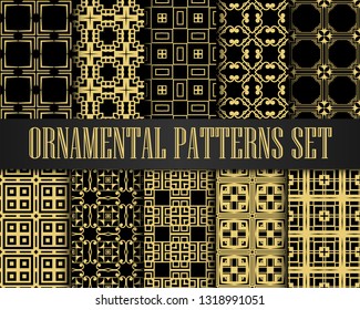 Art Deco Patterns Set. Golden backgrounds. Fan scales ornaments. Geometric decorative digital papers. Vector line design. 1920-30s motifs. Luxury vintage illustration