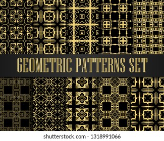 Art Deco Patterns Set. Golden backgrounds. Fan scales ornaments. Geometric decorative digital papers. Vector line design. 1920-30s motifs. Luxury vintage illustration
