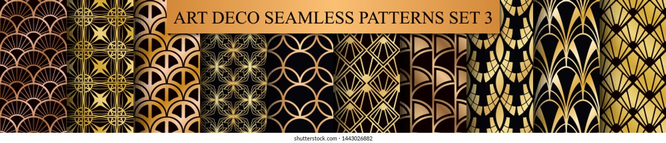 Art Deco Patterns Set. Golden backgrounds. Fan scales ornaments. Geometric decorative digital papers. Vector line design. 1920-30s motifs. Luxury vintage illustration