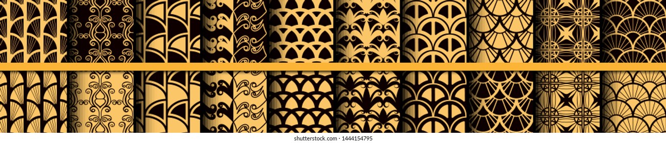 Art Deco Patterns Set. Golden backgrounds. Fan scales ornaments. Geometric decorative digital papers. Vector line design. 1920-30s motifs. Luxury vintage illustration