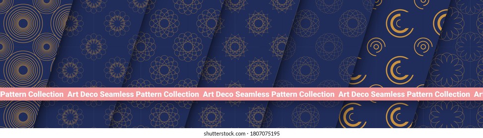 El Conjunto De Patrones Art Decó. Patrón dorado sin costuras sobre fondo azul oscuro. Diseño de línea vectorial decorativa geométrica. Motivos de los años 1920-30. Ilustración vintage de lujo