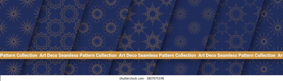 Art Deco Patterns Set. Golden seamless pattern on dark blue backgrounds. Geometric decorative vector line design. 1920-30s motifs. Luxury vintage illustration