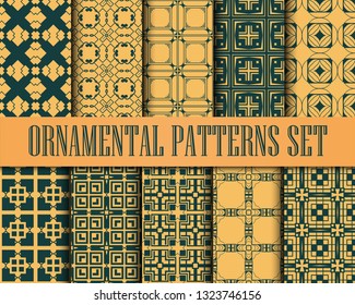 Art Deco Patterns Set. Monochrome backgrounds. Fan scales ornaments. Geometric decorative digital papers. Vector line design. 1920-30s motifs. Luxury vintage illustration
