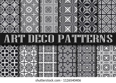 Art Deco Patterns Set. Vintage backgrounds. Fan scales ornaments. Geometric decorative digital papers. Vector line design. 1920-30s motifs. Luxury vintage illustration