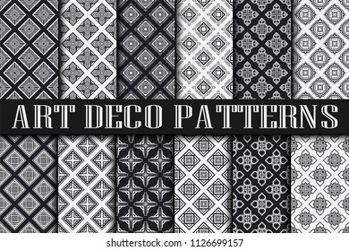 Art Deco Patterns Set. Vintage backgrounds. Fan scales ornaments. Geometric decorative digital papers. Vector line design. 1920-30s motifs. Luxury vintage illustration