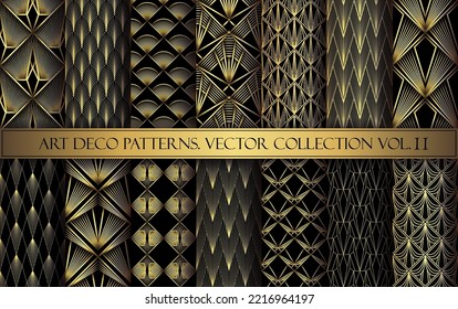 Art Deco Patterns vector collection . Geometric backgrounds in 1920s style. Gold black texture. Fan or palm leaf shape and a touch of steampunk