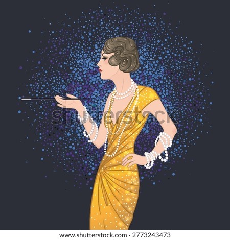 Art Deco portrait of a glamorous flapper girl inspired by the Roaring Twenties. Elegant vintage fashion, bold makeup, and jazz age style evoke Great Gatsby atmosphere
