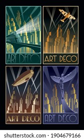 Juego de afiches Art Deco, de las décadas de 1920 a 1940 Retro Future Style Illustrations, Train, Plane, Dirigible, Flying Man, Cityscape Backgrounds