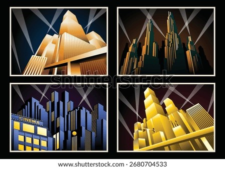 Art Deco Poster Set. Futuristic City, Skyscrapers, Bridges, Spotlights. Vector Templates for Art Deco Placards, Covers, Illustrations