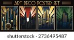 Art Deco Poster Set Retro Placards Style Illustrations. Futuristic City, Skyscrapers, Spotlights, Geometric Shapes. Vector Templates for Art Deco Placards, Covers, Illustrations