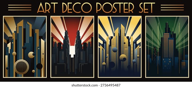 Art Deco Poster Set Retro Placards Style Illustrations. Futuristic City, Skyscrapers, Spotlights, Geometric Shapes. Vector Templates for Art Deco Placards, Covers, Illustrations Art Deco Poster Set Retro Placards Style Illustrations. Futuristic City, Skyscrapers, Spotlights, Geometric Shapes. Vector Templates for Art Deco Placards, Covers, Illustrations