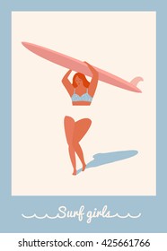 Art deco poster with surfer girl caring longboard on the beach. Beach lifestyle poster in retro style. Flat illustration.