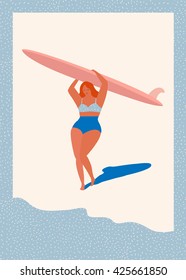 Art-Deco-Poster mit Surfer-Mädchen, die Langpension am Strand. Lifestyle-Poster im Retro-Stil. Flache Illustration.