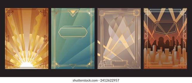 Art Deco Posters Background Set, 1920s - 1930s Colors and Shapes, Art Deco Style Illustrations Template