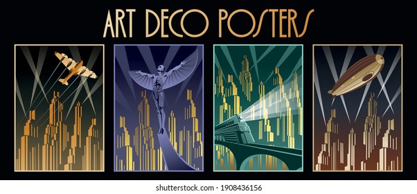 Art Deco Posters Retro Transport Cityscapes Stock Vector (Royalty Free ...