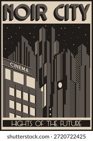 Art Deco Poster Style Illustration. Futuristic Noir City, Wolkenkratzer, Scheinwerfer, Kino. Vektorvorlage für Art-Deco-Plakate, Cover, Illustrationen