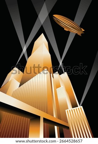 Art Deco Posters Style Illustration. Futuristic City, Skyscrapers, Bridges, Spotlights. Vector Template for Art Deco Placards, Covers, Illustrations