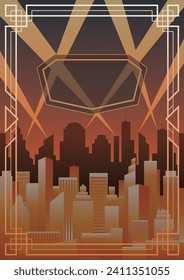 Art Deco Posters Template, 1920s - 1930s DownTown, Cityscape, Golden Art Deco Frame, Night City and Skyscrapers 