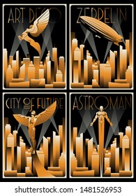 Art Deco Posters Winged Man, Winged Horse, Zeppelin, Retro Futuristic City Backgrounds