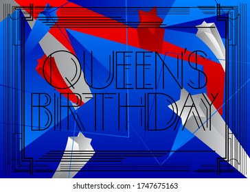 Art Deco Queen's Birthday - New Zealand (June 1) text. Decorative greeting card, sign with vintage letters. svg