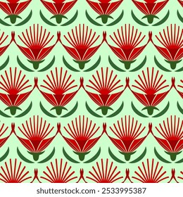 Art Deco red and green seamless pattern. Geometric decorative texture. Vector floral background.