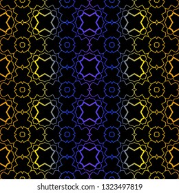 Art Deco Retro Pattern Of Geometric Elements. Seamless Pattern. Vector Illustration. Design For Printing, Presentation, Textile, Business, Advert, Flyer. Blue yellow gradient on black background.