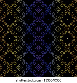Art Deco Retro Pattern Of Geometric Elements. Seamless Pattern. Vector Illustration. Design For Printing, Presentation, Textile, Business, Advert, Flyer. Blue yellow gradient on black background.