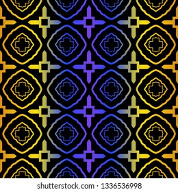 Art Deco Retro Pattern Of Geometric Elements. Seamless Pattern. Vector Illustration. Design For Printing, Presentation, Textile, Business, Advert, Flyer. Blue yellow gradient on black background.