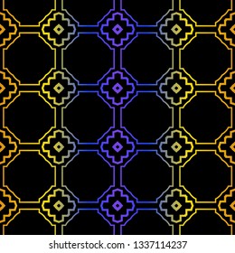 Art Deco Retro Pattern Of Geometric Elements. Seamless Pattern. Vector Illustration. Design For Printing, Presentation, Textile, Business, Advert, Flyer. Blue yellow gradient on black background.