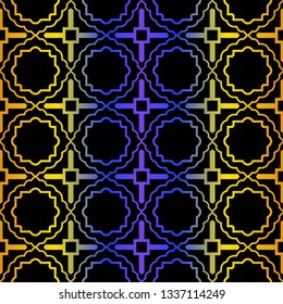 Art Deco Retro Pattern Of Geometric Elements. Seamless Pattern. Vector Illustration. Design For Printing, Presentation, Textile, Business, Advert, Flyer. Blue yellow gradient on black background.