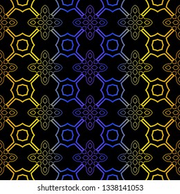 Art Deco Retro Pattern Of Geometric Elements. Seamless Pattern. Vector Illustration. Design For Printing, Presentation, Textile, Business, Advert, Flyer. Blue yellow gradient on black background.