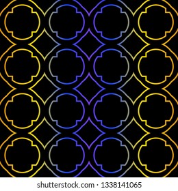 Art Deco Retro Pattern Of Geometric Elements. Seamless Pattern. Vector Illustration. Design For Printing, Presentation, Textile, Business, Advert, Flyer. Blue yellow gradient on black background.