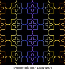 Art Deco Retro Pattern Of Geometric Elements. Seamless Pattern. Vector Illustration. Design For Printing, Presentation, Textile, Business, Advert, Flyer. Blue yellow gradient on black background.