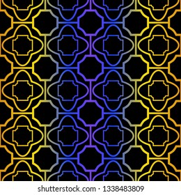 Art Deco Retro Pattern Of Geometric Elements. Seamless Pattern. Vector Illustration. Design For Printing, Presentation, Textile, Business, Advert, Flyer. Blue yellow gradient on black background.