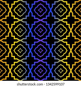 Art Deco Retro Pattern Of Geometric Elements. Seamless Pattern. Vector Illustration. Design For Printing, Presentation, Textile, Business, Advert, Flyer. Blue yellow gradient on black background.