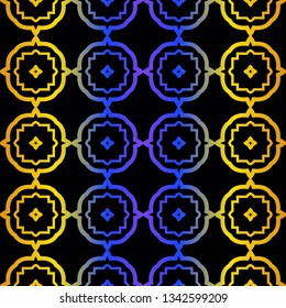 Art Deco Retro Pattern Of Geometric Elements. Seamless Pattern. Vector Illustration. Design For Printing, Presentation, Textile, Business, Advert, Flyer. Blue yellow gradient on black background.