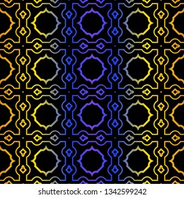 Art Deco Retro Pattern Of Geometric Elements. Seamless Pattern. Vector Illustration. Design For Printing, Presentation, Textile, Business, Advert, Flyer. Blue yellow gradient on black background.