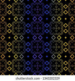 Art Deco Retro Pattern Of Geometric Elements. Seamless Pattern. Vector Illustration. Design For Printing, Presentation, Textile, Business, Advert, Flyer. Blue yellow gradient on black background.
