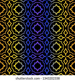 Art Deco Retro Pattern Of Geometric Elements. Seamless Pattern. Vector Illustration. Design For Printing, Presentation, Textile, Business, Advert, Flyer. Blue yellow gradient on black background.