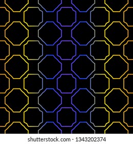 Art Deco Retro Pattern Of Geometric Elements. Seamless Pattern. Vector Illustration. Design For Printing, Presentation, Textile, Business, Advert, Flyer. Blue yellow gradient on black background.