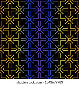 Art Deco Retro Pattern Of Geometric Elements. Seamless Pattern. Vector Illustration. Design For Printing, Presentation, Textile, Business, Advert, Flyer. Blue yellow gradient on black background.