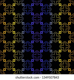 Art Deco Retro Pattern Of Geometric Elements. Seamless Pattern. Vector Illustration. Design For Printing, Presentation, Textile, Business, Advert, Flyer. Blue yellow gradient on black background.