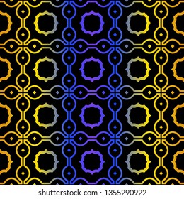 Art Deco Retro Pattern Of Geometric Elements. Seamless Pattern. Vector Illustration. Design For Printing, Presentation, Textile, Business, Advert, Flyer. Blue yellow gradient on black background.