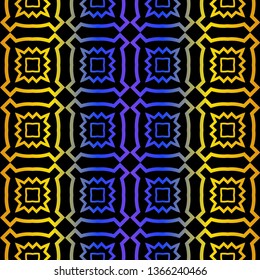 Art Deco Retro Pattern Of Geometric Elements. Seamless Pattern. Vector Illustration. Design For Printing, Presentation, Textile, Business, Advert, Flyer. Blue yellow gradient on black background.