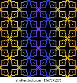 Art Deco Retro Pattern Of Geometric Elements. Seamless Pattern. Vector Illustration. Design For Printing, Presentation, Textile, Business, Advert, Flyer. Blue yellow gradient on black background.