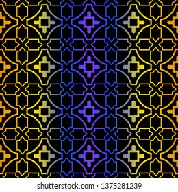 Art Deco Retro Pattern Of Geometric Elements. Seamless Pattern. Vector Illustration. Design For Printing, Presentation, Textile, Business, Advert, Flyer. Blue yellow gradient on black background.